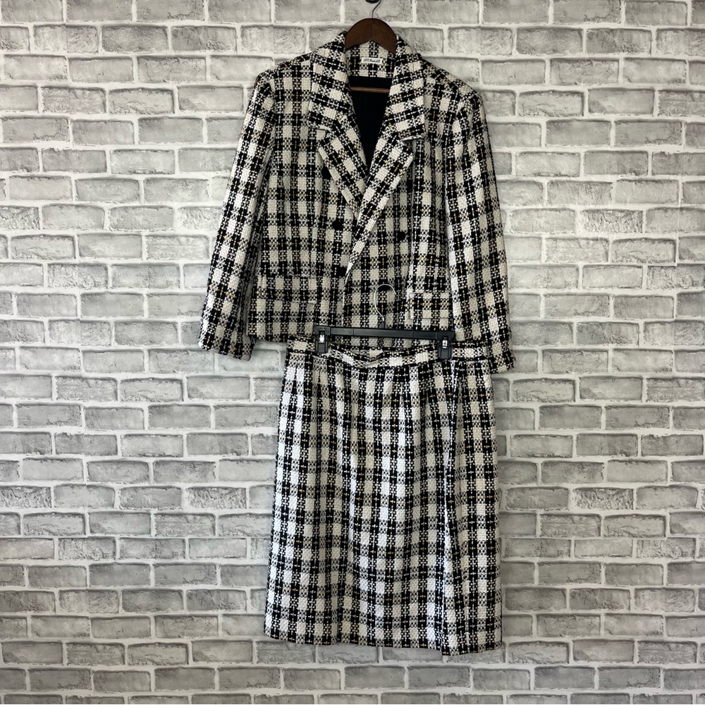 Vintage Ann May Silk Tweed Blazer And Skirt Set Plaid Black Gold Notch Collar 16